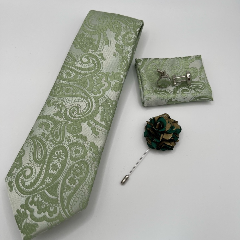 Men's Paisley Tie Set with Lapel Flower - Light Green, BARRY WANG